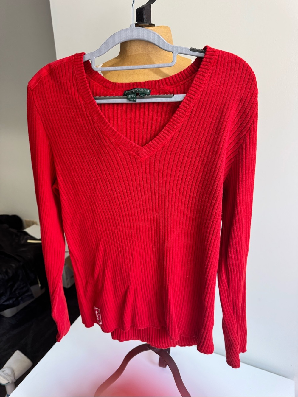 Lauren Ralph Lauren Red Ribbed V-Neck Cotton Sweater XL